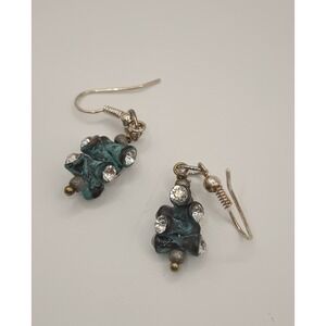 Vintage Style Verdigris Patina Crystal Drop Earrings Teal Silver Tone Boho